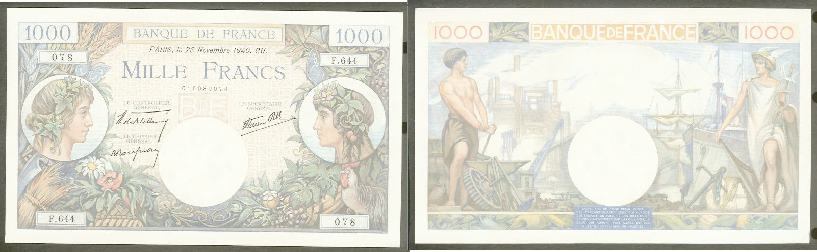 1000 Francs COMMERCE ET INDUSTRIE FRANCE 28.11.1940 NEUF
